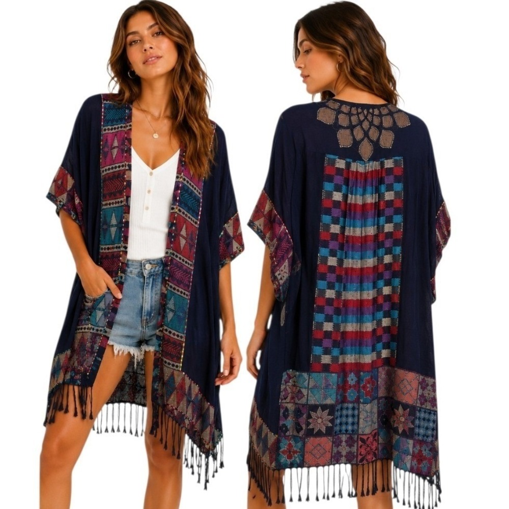 Sample Kimono Small Navy Blue Geometric Embroidery Patchwork Fringe‎ Oversized